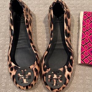 New Tory Burch Animal Print Flats patent Minnie travel ballet flats 7.5